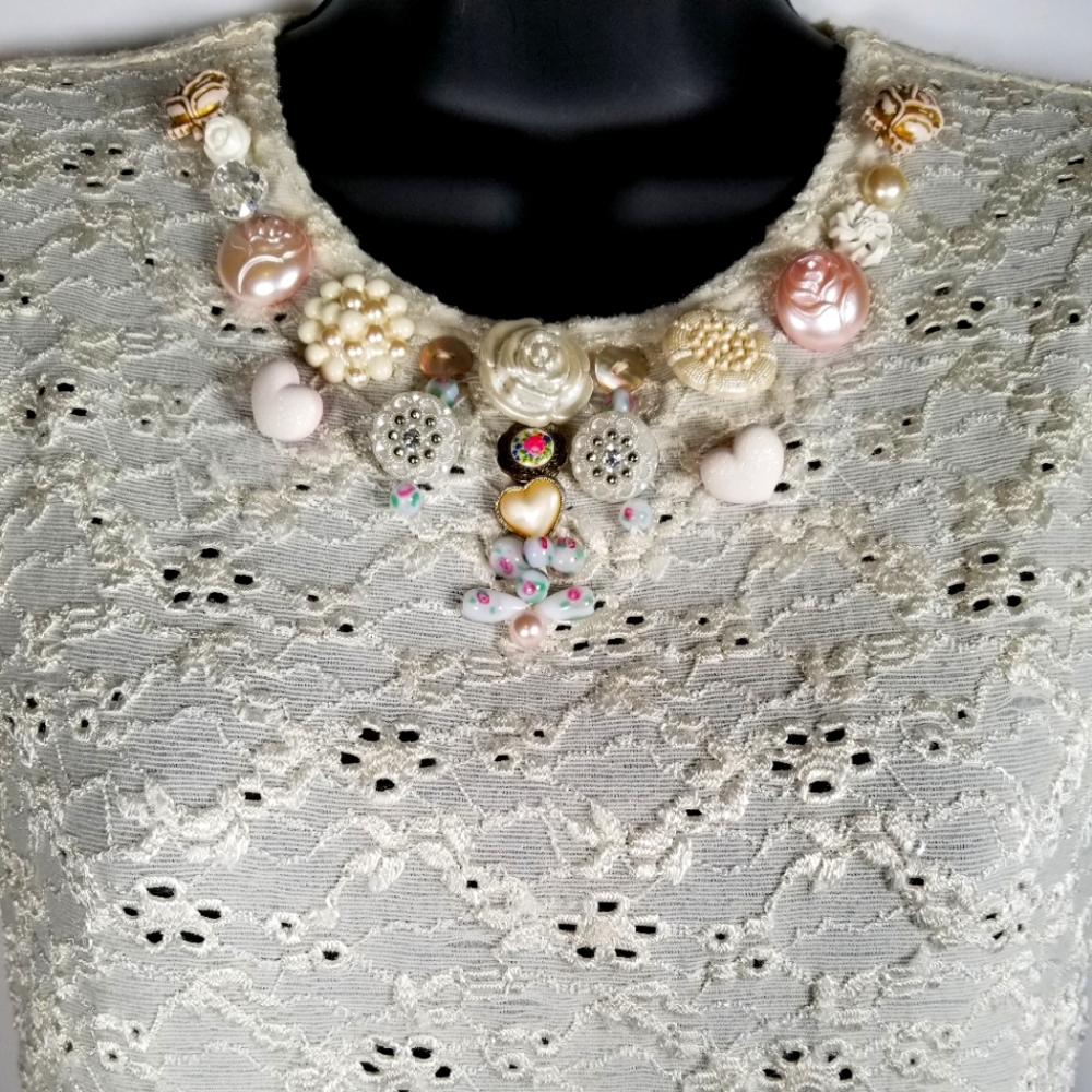 Ecru Eyelet Lace Top, Decorated w/Bling, Size S